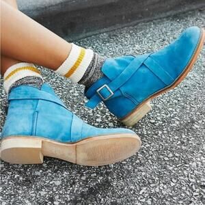 Free People Las Palmas Blue Suede Ankle Boots Harness Strap Boho Moto 37 Artsy